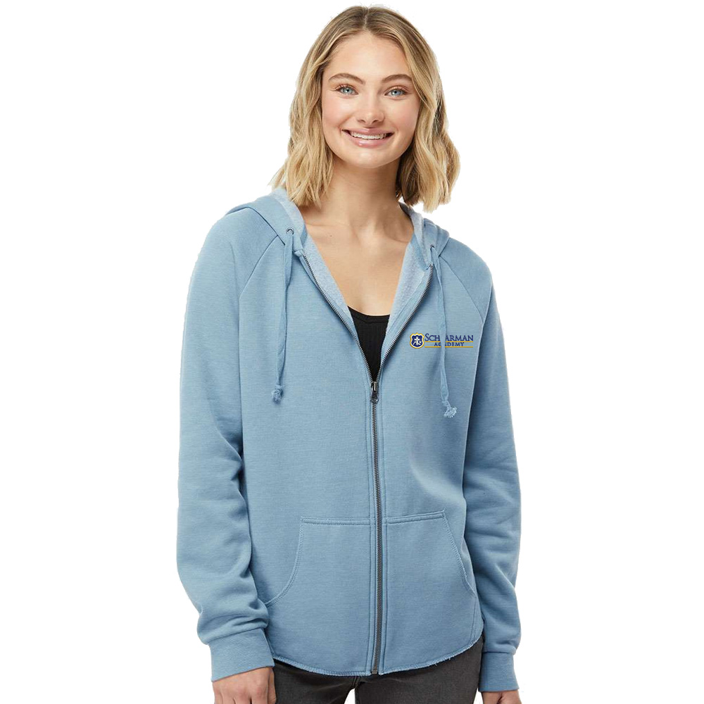 Schlarman Academy Women's California Wave Wash Full-Zip Hooded Sweatshirt-Misty Blue