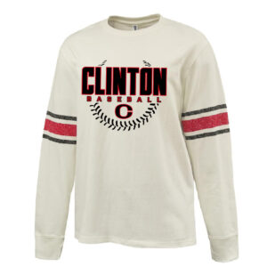 Clinton Baseball Pennant HEAVYWEIGHT 8.0 oz. antique white cotton jersey
archive-style printed sleeve stripe-Red/Bla
