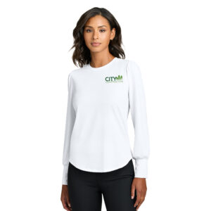 City Construction Mercer and Mettle Women Stretch Jersey Long Sleeve Blouson Top-White