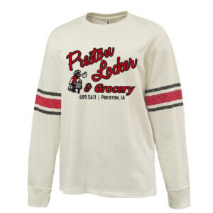 Preston Locker Grocery Pennant HEAVYWEIGHT 8.0 oz. antique white cotton jerseyarchive-style printed sleeve stripe-Red/Bla