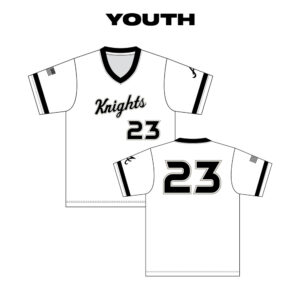 02c. QC Area Knights Sublimated YOUTH Champro V-neck jersey-Flexdri Mesh-White