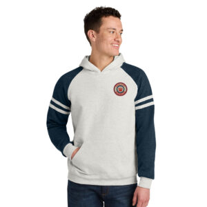 QC Monarchs Jerzees Unisex NuBlend Varsity Colorblock Hooded Sweatshirt-Oatmeal Heather/Indigo Heather