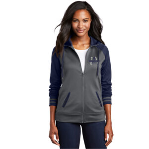 PV Softball Ladies Sport-Wick Varsity Fleece Full-Zip Hooded Jacket-Smoke/Navy