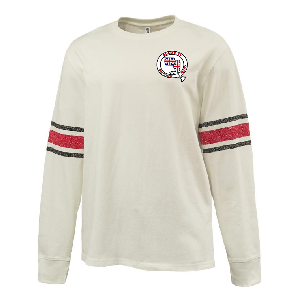 QCBAC Pennant HEAVYWEIGHT Unisex 8.0 oz. antique white cotton jersey
archive-style printed sleeve stripe-Red/Black Stripe