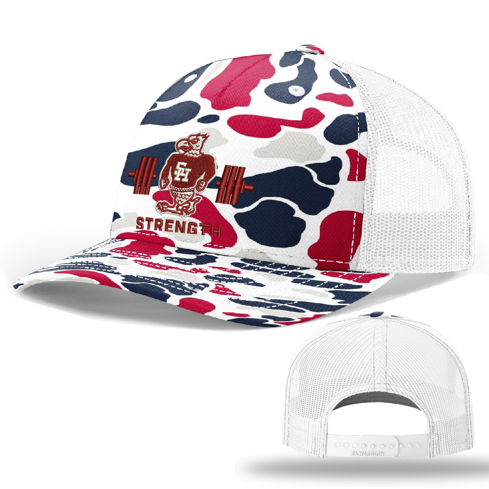 SH Strength Conditioning Richardson Printed Five PanelTrucker mesh snap back cap-Americana Duck Camo
