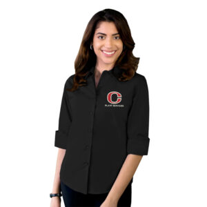 Clinton Plant Services Ladies 3/4 Sleeve Stretch Poplin Shirt-Black