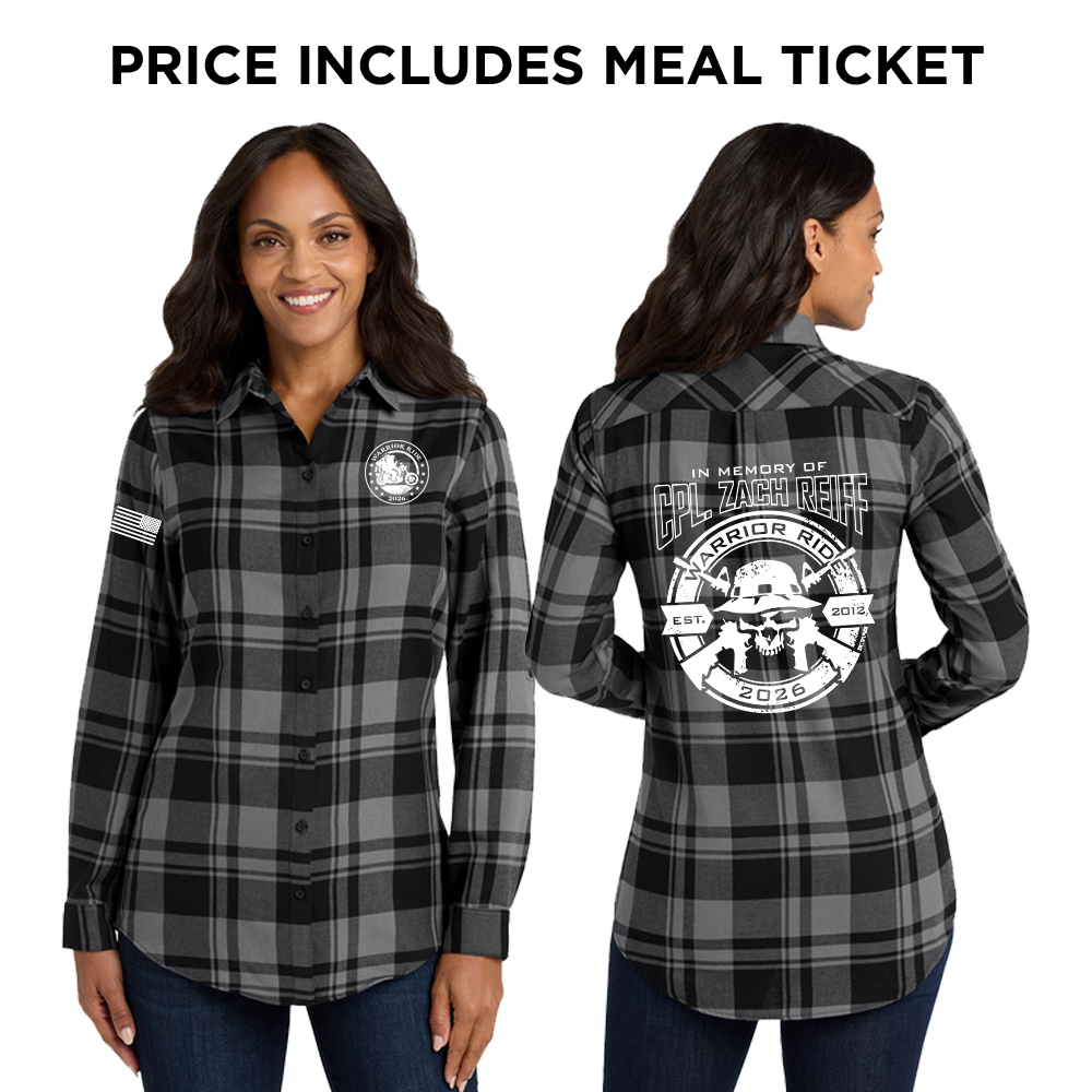 37. Warrior Ride 2026 Distressed Print Women's Plaid Flannel Tunic-Grey/Black