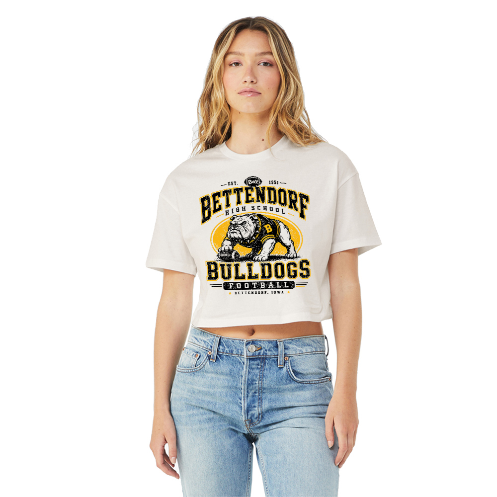 53. Bettendorf HS Football Distressed Print Bella+Canvas Women's Jersey Crop Tee-Vintage White