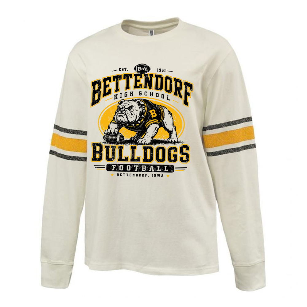 55. Bettendorf HS Football Distressed Print Vintage Stripe Heavyweight Long Sleeve-Antique White