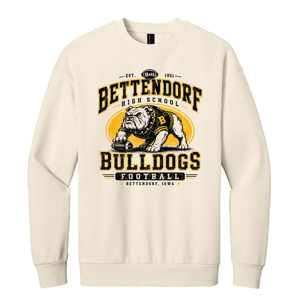 57. Bettendorf HS Football Distressed Print District VIT Heavyweight Fleece Crew-Griege