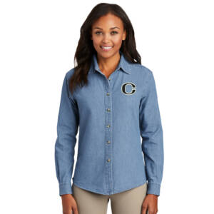 Clinton Community Schools Port Company Ladies Long Sleeve Value Denim Shirt-Faded Blue
