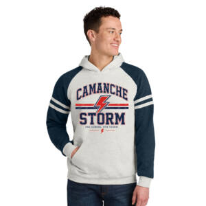 Storm Jerzees Unisex NuBlend Unisex Varsity Colorblock Hooded Sweatshirt-Oatmeal Heather/ Indigo Heather