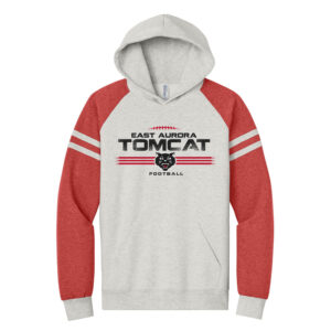 East Aurora FB Jerzees Unisex NuBlend Varsity Colorblock Hooded Sweatshirt – OatmealHeather/FieryRedHeather