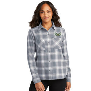 West Track CC Port Authority Ladies Plaid Flannel Shirt-Grey Cream/Open Plaid