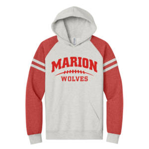 Marion Football Jerzees Unisex NuBlend Varsity Colorblock Hooded Sweatshirt – OatmealHeather/FieryRedHeather