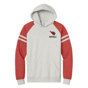 Maq JR Football Jerzees Unisex NuBlend Varsity Colorblock Hooded Sweatshirt-Oatmeal Heather/ Fiery Red Heather