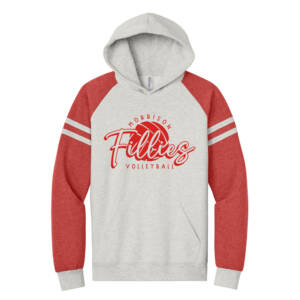 Morrison Volleyball Jerzees Unisex NuBlend Varsity Colorblock Hooded Sweatshirt – OatmealHeather/Fiery Red Heather