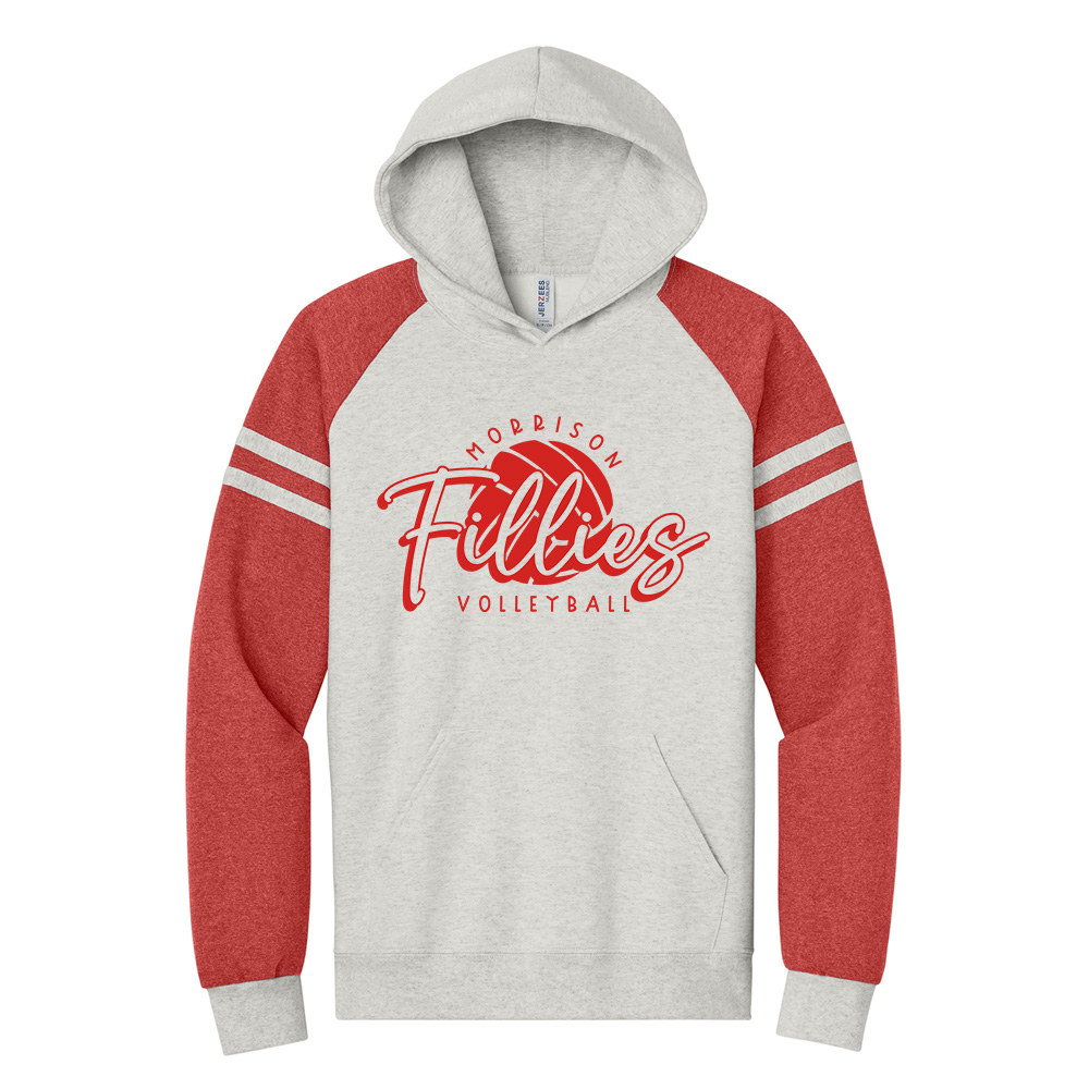 Morrison Volleyball Jerzees Unisex NuBlend Varsity Colorblock Hooded Sweatshirt - OatmealHeather/Fiery Red Heather