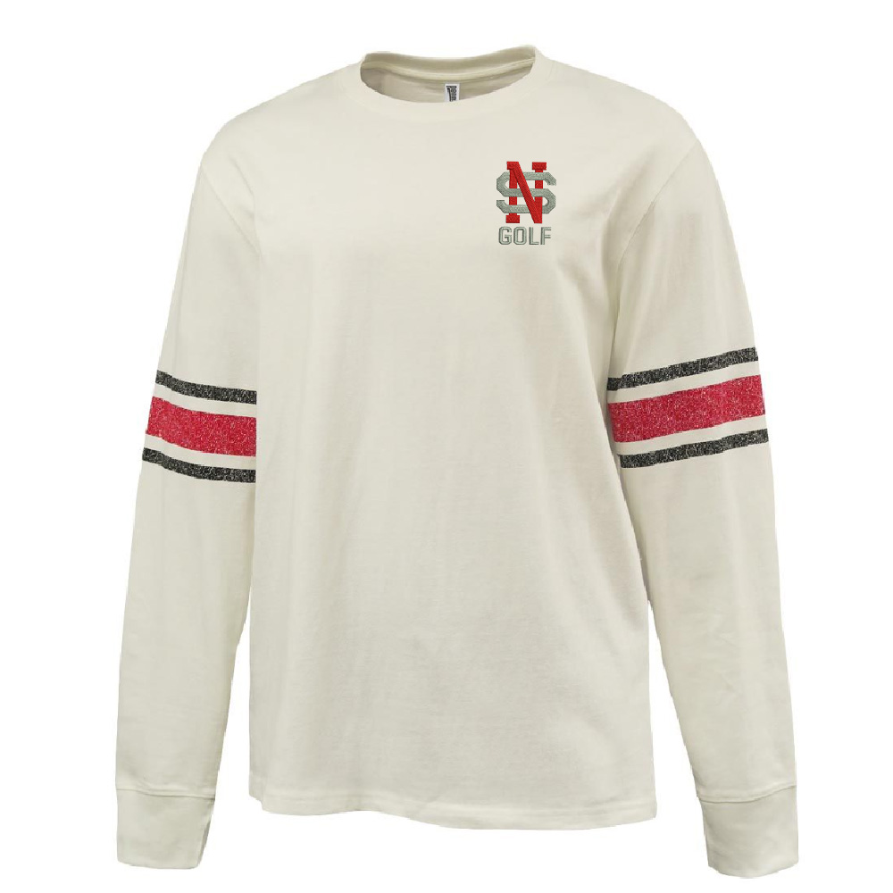 NS Golf Pennant HEAVYWEIGHT 8.0 oz. antique white cotton jersey
archive-style printed sleeve stripe-Red/Black Stripe