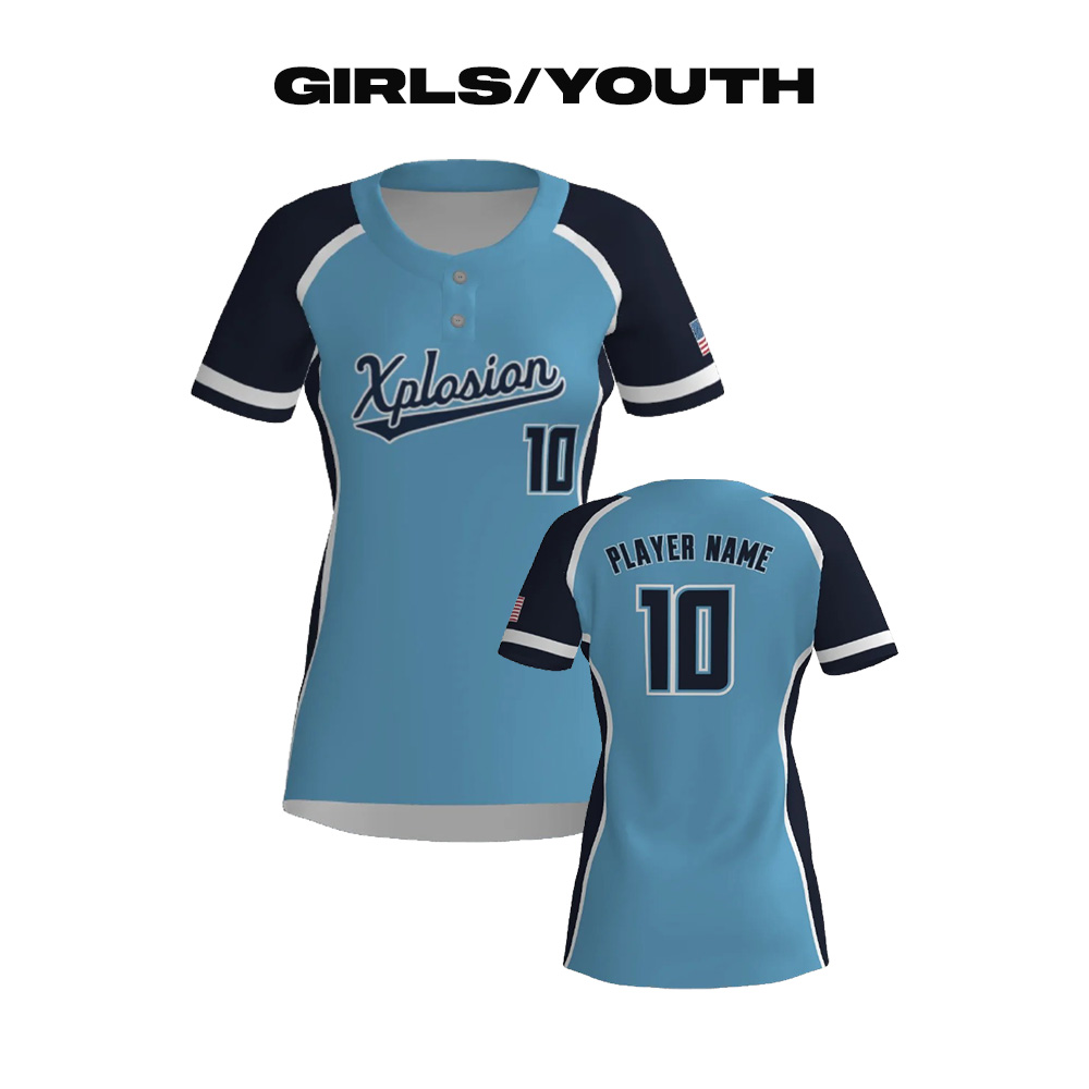 02. Xplosion Softball Girls-Youth Sublimated 2-Button Short Sleeve Jersey-Light Blue-Navy