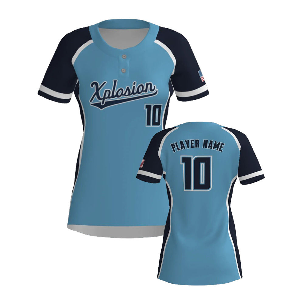 01. Xplosion Softball Women's Sublimated 2-Button Short Sleeve Jersey-Light Blue-Navy