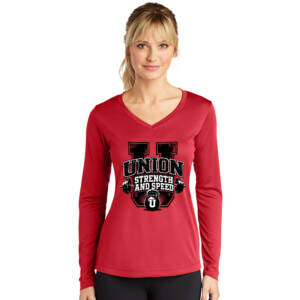 Union Strength Ladies Long Sleeve V-Neck Competitor Tee-Red