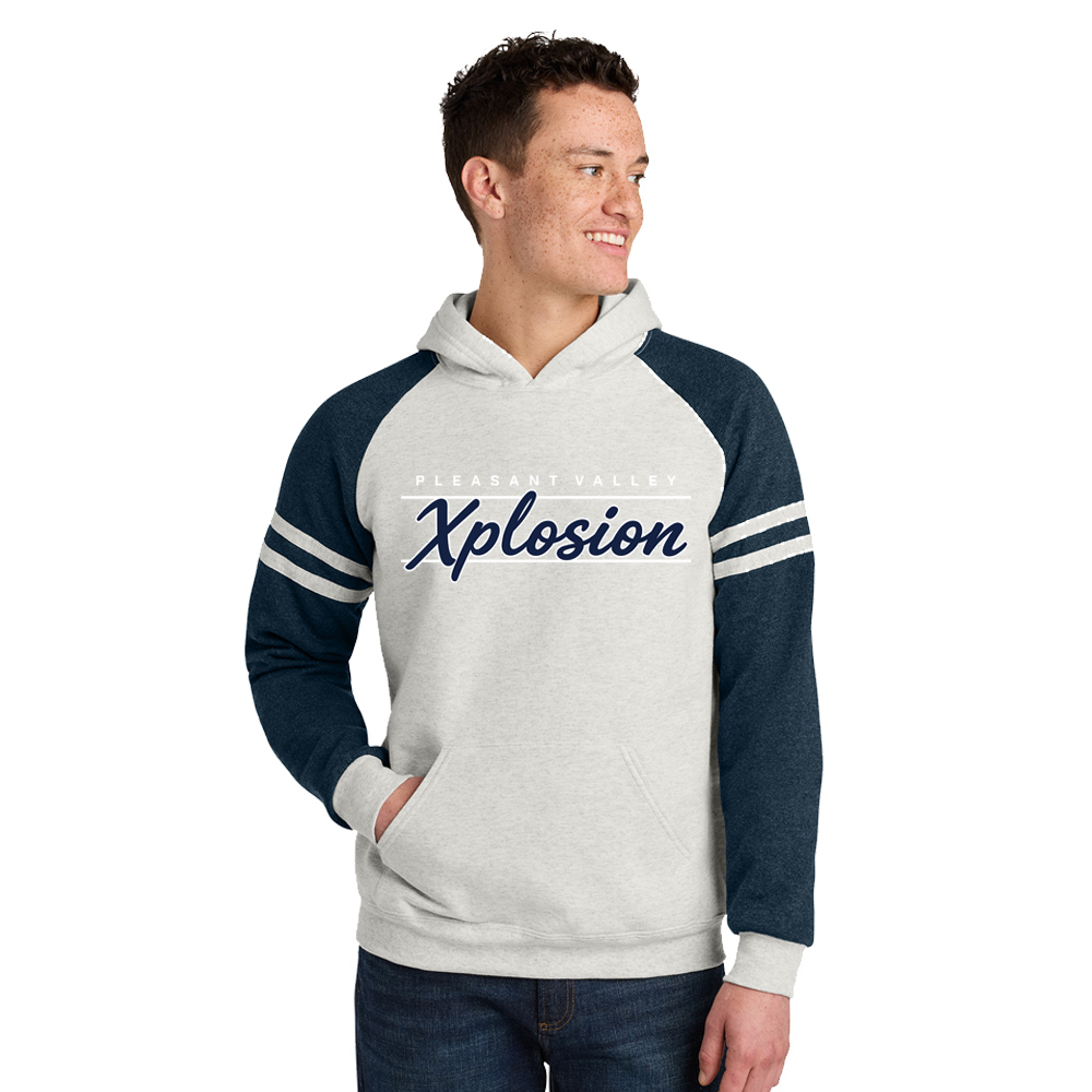 PV Xplosion Jerzees Unisex NuBlend Varsity Colorblock Hooded Sweatshirt-Oatmeal Heather/Indigo Heather