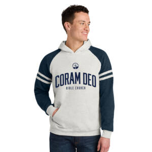 Coram Deo Bible Church Jerzees Unisex NuBlend Varsity Colorblock Hooded Sweatshirt – Oatmeal Heather/Indigo Heather
