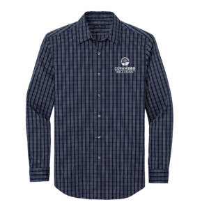 Coram Deo Bible Church Brooks Brothers Tech Stretch Patterned Shirt – Navy Blazer White Check