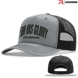 Coram Deo Bible Church Richardson Five Panel CHAMP High Profile Trucker mesh snap back cap Split color – SPLHeatherBlack