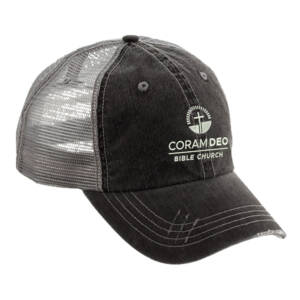 Coram Deo Bible Church Washed Herringbone Cotton distressed Twill Trucker Cap – BlackGrey