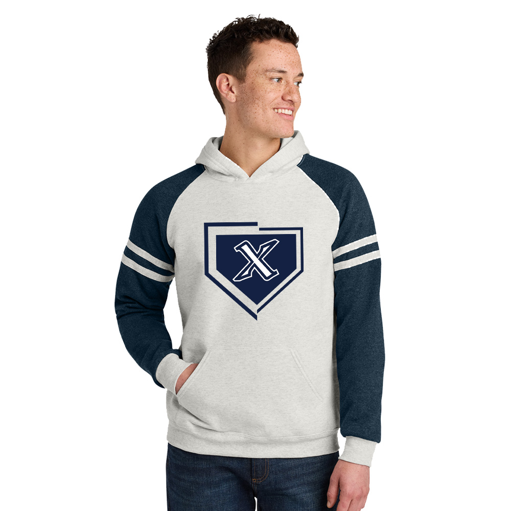 PVX Jerzees Unisex NuBlend Varsity Colorblock Hooded Sweatshirt - OatmealHeather/IndigoHeather