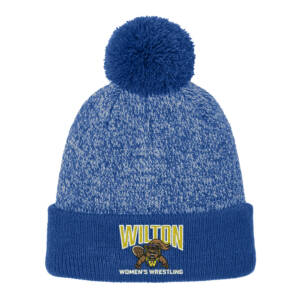 Wilton Women Wrestling Sport-Tek Halftime Heather Pom Beanie-Royal/Silver